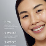 Smiling model holds a 111SKIN Eye Gel bottle, with text highlighting skincare benefits.