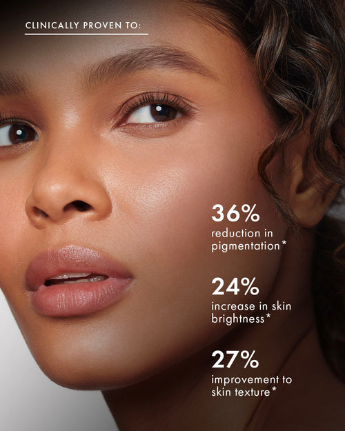 Close-up of a woman's radiant, smooth skin with text overlay highlighting clinical results.