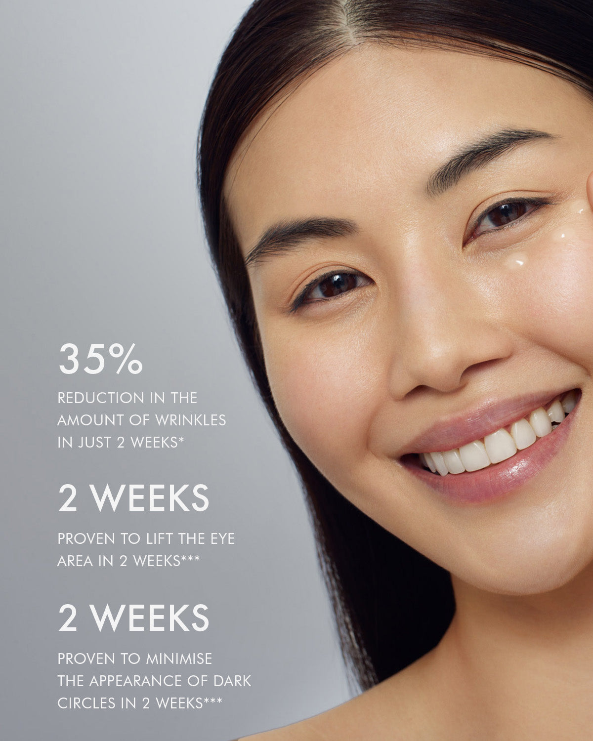 Smiling model holds a 111SKIN Eye Gel bottle, with text highlighting skincare benefits.