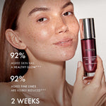 Model with glowing, freckled skin holds a 111SKIN Repair Serum bottle, with text highlighting skincare benefits.