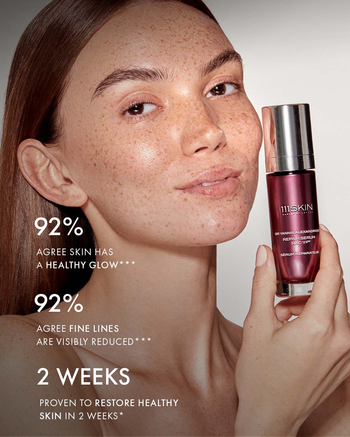 Model with glowing, freckled skin holds a 111SKIN Repair Serum bottle, with text highlighting skincare benefits.